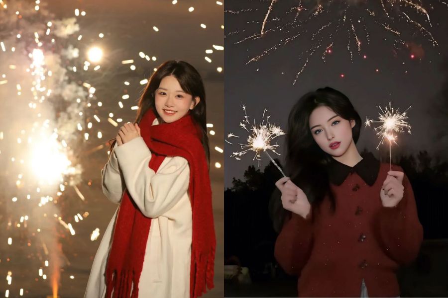 sử dụng đạo cụ khi chụp ảnh pháo hoa đêm giao thừa