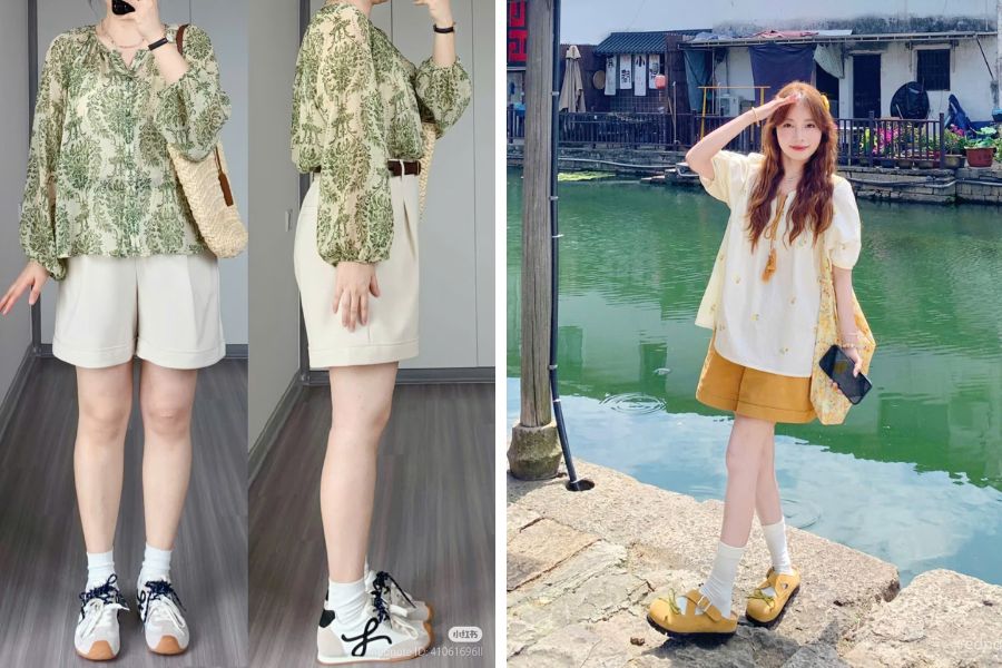 Mix áo sơ mi cách điệu dáng rộng với quần short sáng màu