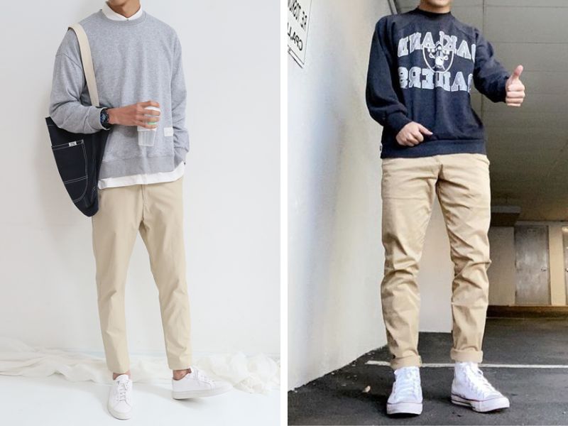 Quần baggy kaki nam màu be phối sweater