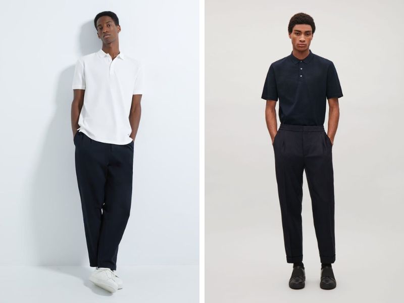 Mix quần ống rộng đen với áo polo