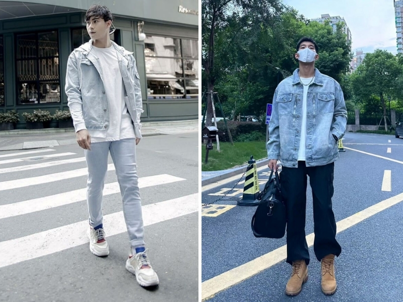 Phối áo khoác denim cùng áo thun nam và quần jean nam giúp diện mạo trẻ trung hơn