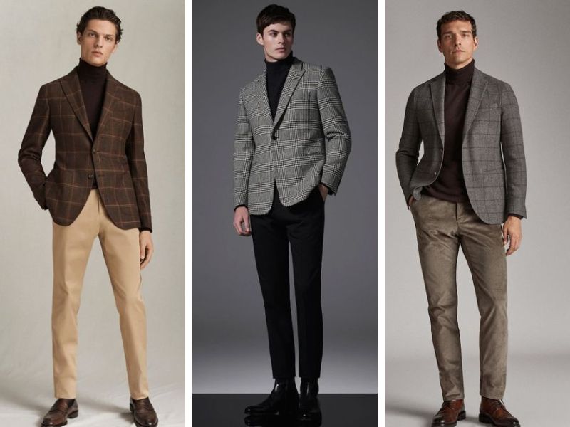 Phối áo blazer caro cùng áo len cổ lọ