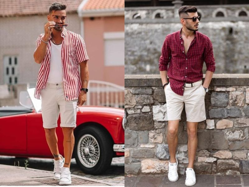 Phối áo đỏ với quần short có màu trắng hoặc xám để tạo nên outfit thật năng động và cá tính