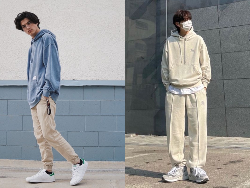 Áo phông trắng kết hợp áo hoodie và quần nam kaki baggy