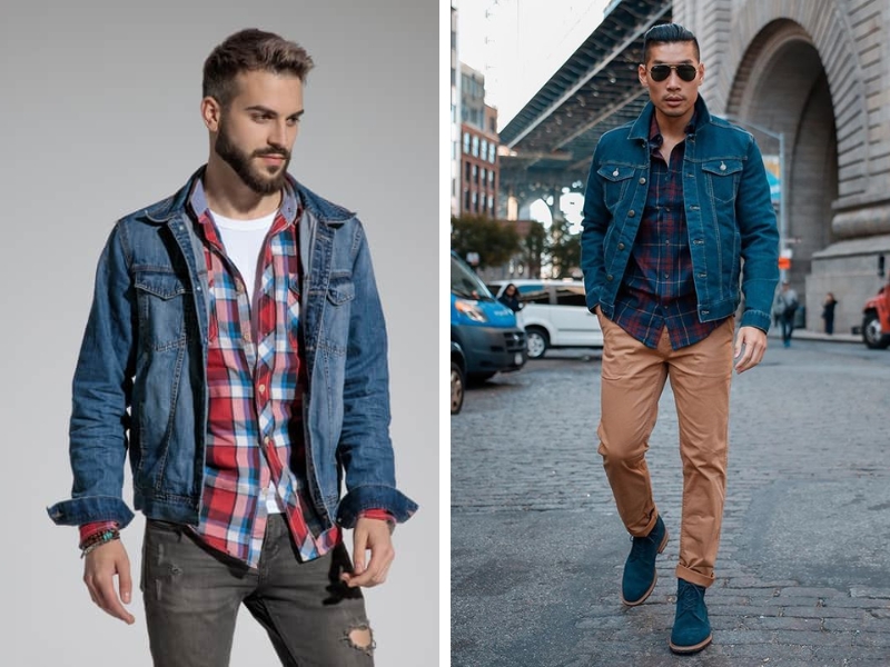 Phối áo sơ mi  flannel nam cùng áo khoác denim