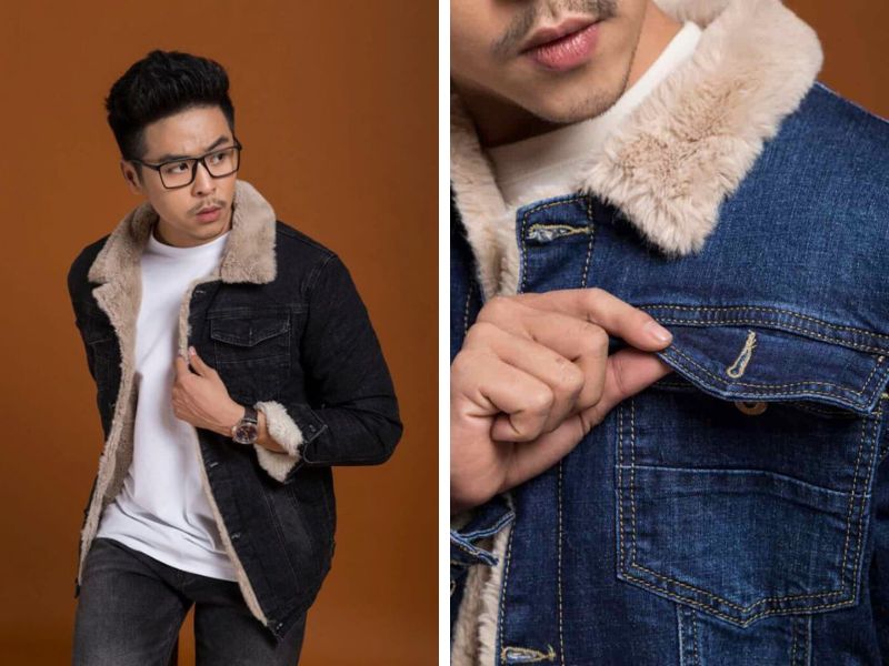 Áo khoác lót lông kết hợp áo thun, quần jeans và giày thể thao