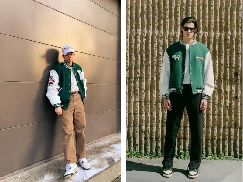 Kết hợp quần ống rộng cùng áo khoác Varsity Jacket