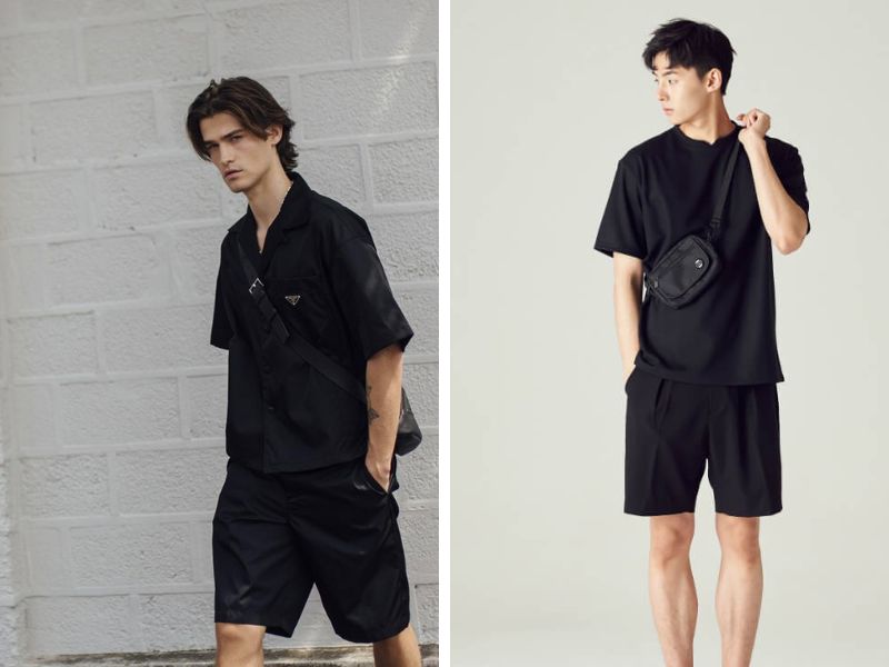 Cách phối all black sử dụng áo thun và quần short