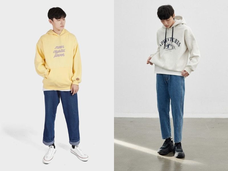 Quần jean suông ống rộng mix cùng áo hoodie trẻ trung