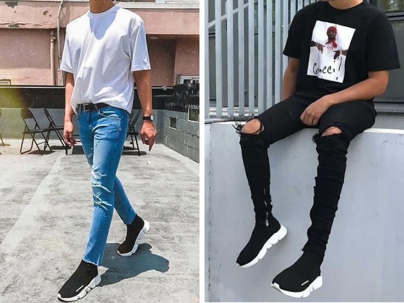 Phối quần jean và áo phông với giày Balenciaga Speed Trainer 