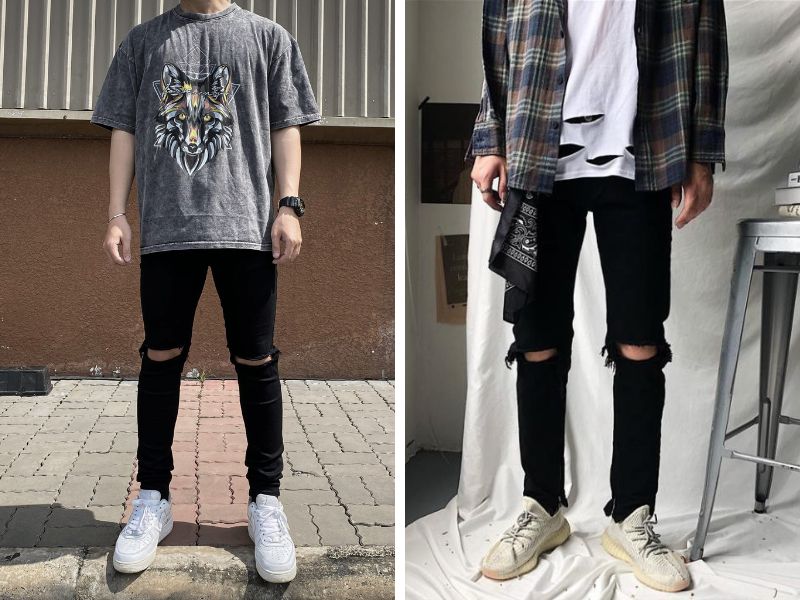 Phối đồ ngầu nam không thể thiếu quần jeans rách gối