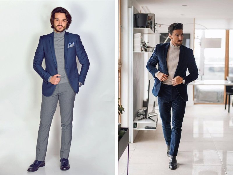 Giản dị cùng áo blazer xanh navy, áo len cổ lọ và quần chinos