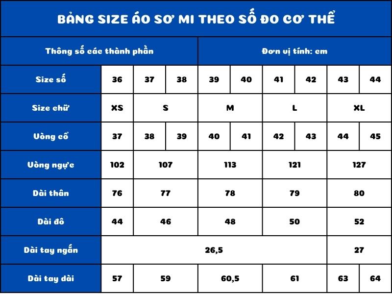 Bảng size áo sơ mi theo số đo cơ thể