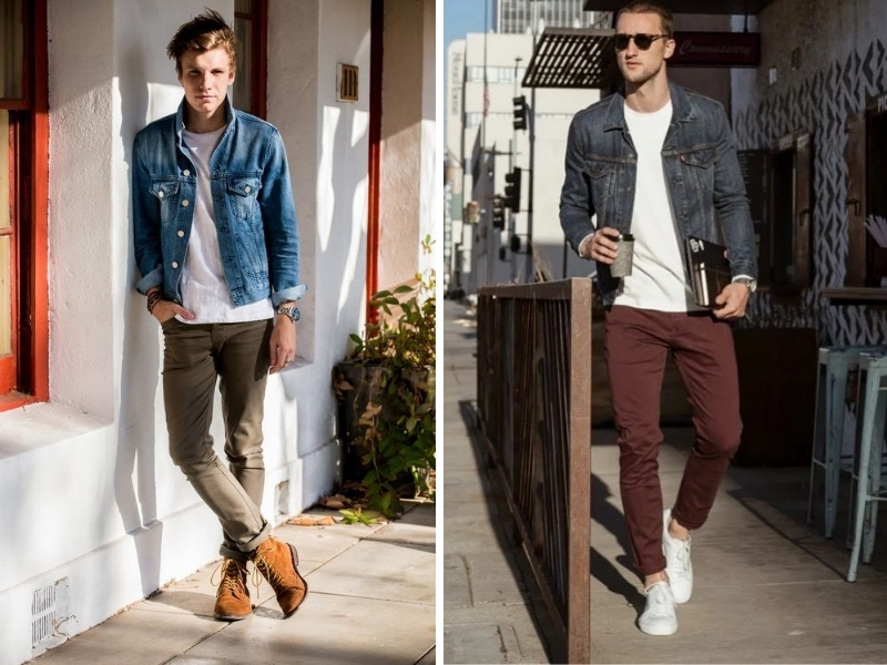 Phối áo thun trơn cùng quần skinny và áo khoác jeans được nhiều chàng áp dụng