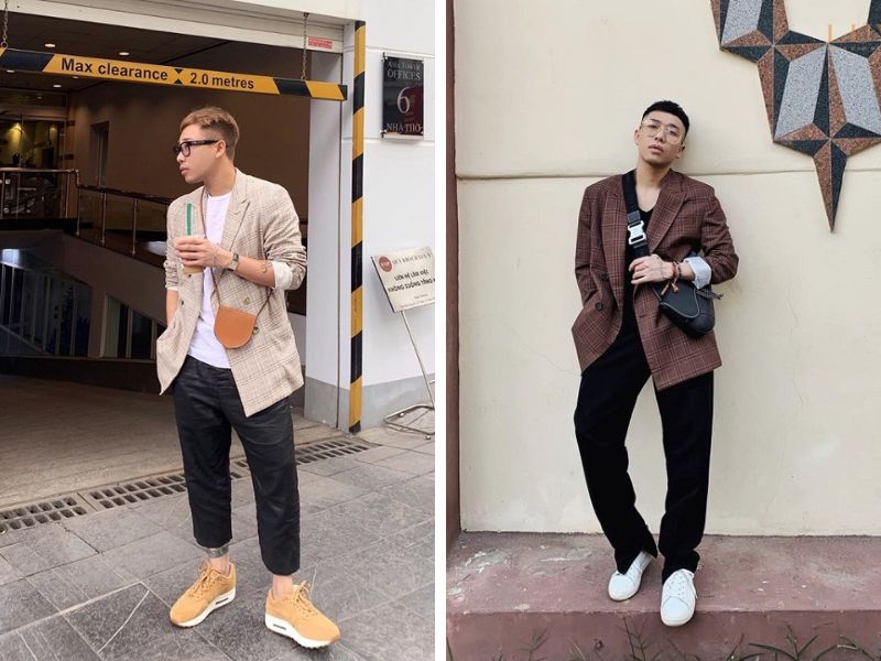 Blazer phối với quần baggy kaki 