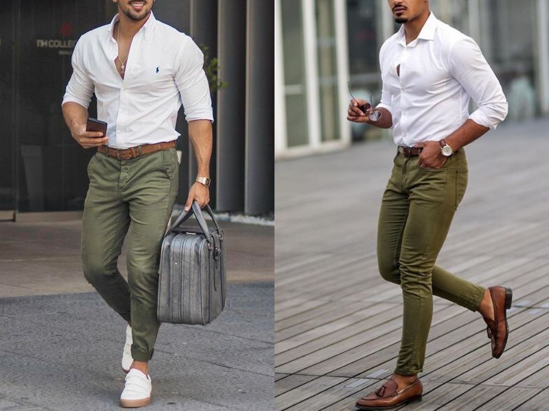 Sự kết hợp giữa áo sơ mi trắng với quần kaki xanh lá sẽ tạo nên một outfit cực kỳ thời trang