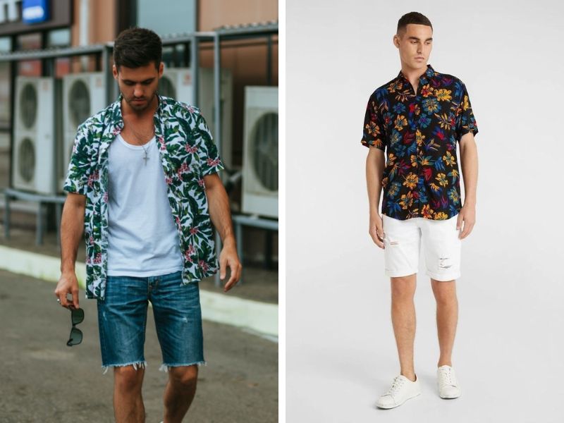 Phối quần short jean nam rách với áo sơ mi hawaii