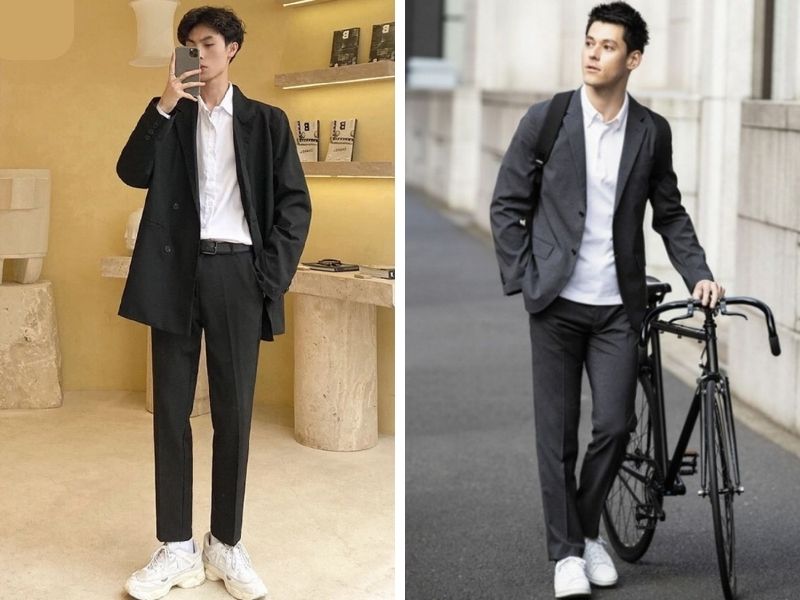 Áo Polo trắng nam mix áo blazer và quần âu