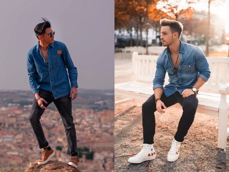 Phối áo sơ mi Denim cùng quần Jeans mang lại sự bụi bặm, phá cách 