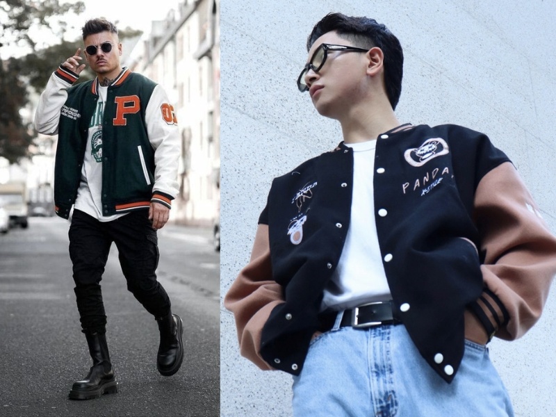 Áo thun nam phối với varsity jacket đường phố