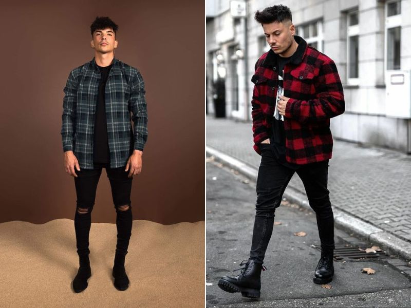 Phối đồ với áo flannel nam cùng quần skinny jean và boots