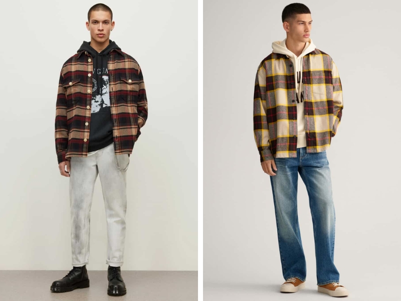 Phối áo khoác flannel cùng áo hoodie năng động