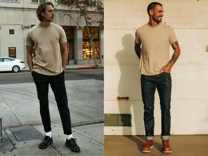 Áo thun màu khaki phối với quần jeans đen là sự lựa chọn phổ biến