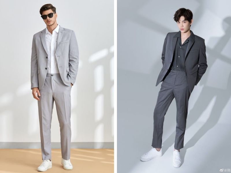 Phối blazer nam màu xám với áo sơ mi và quần tây 