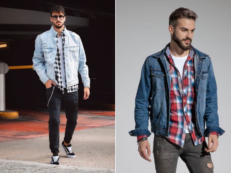 Phối đồ với áo flannel nam cùng áo khoác denim