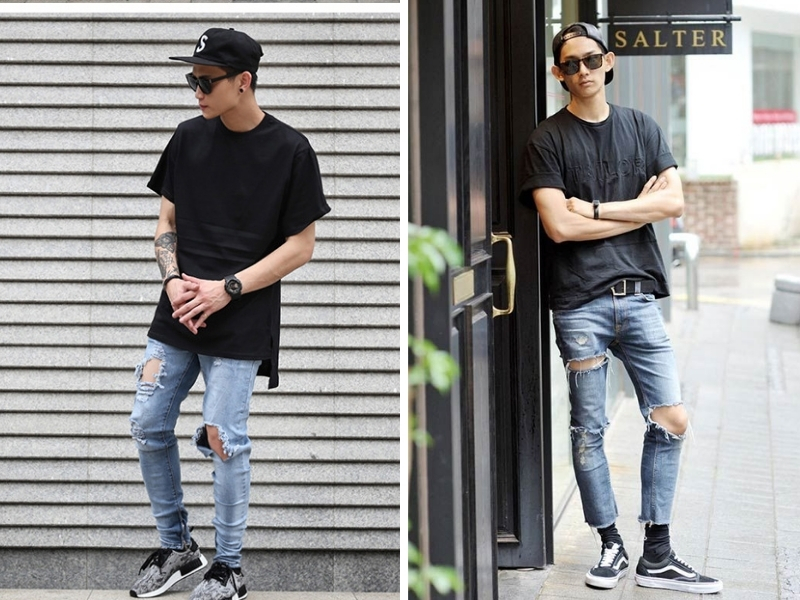 Phối áo thun nam oversize cùng quần jeans rách cực kỳ đơn giản nhưng cá tính