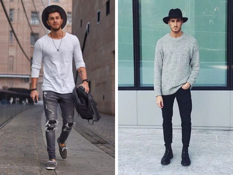 Mũ Fedora phối áo dài tay và quần jeans