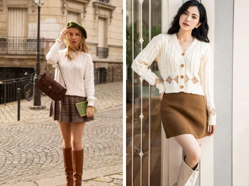 Phối áo len trơn và váy ngắn phong cách parisian chic   