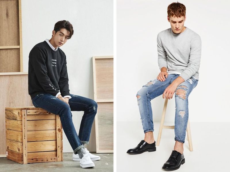 Mix áo sweater rộng nam với quần jean rách