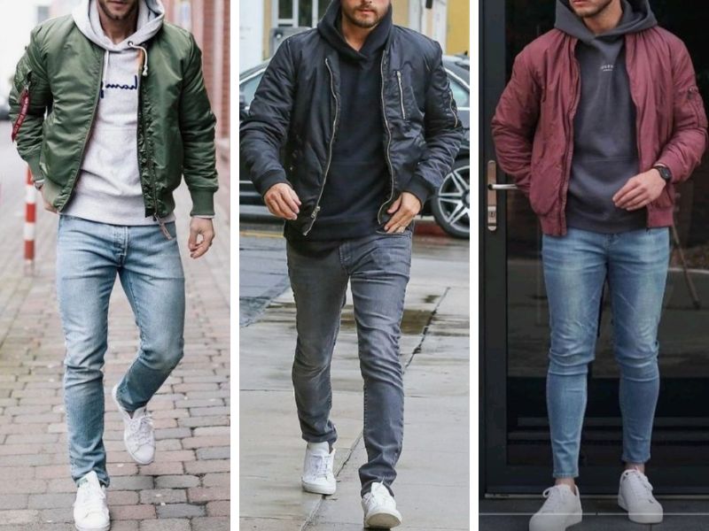 Áo bomber khi kết hợp với quần jean ôm nam mang lại cảm giác khỏe khoắn, năng động