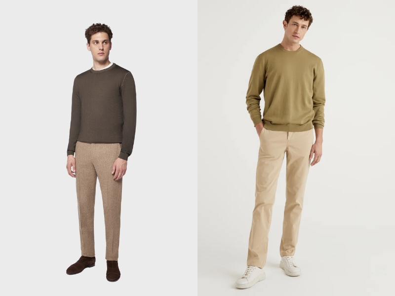 Phối quần chinos màu beige nam với áo sweater hiện đại