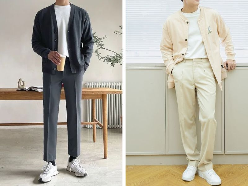Quần tây nam phối áo len cardigan