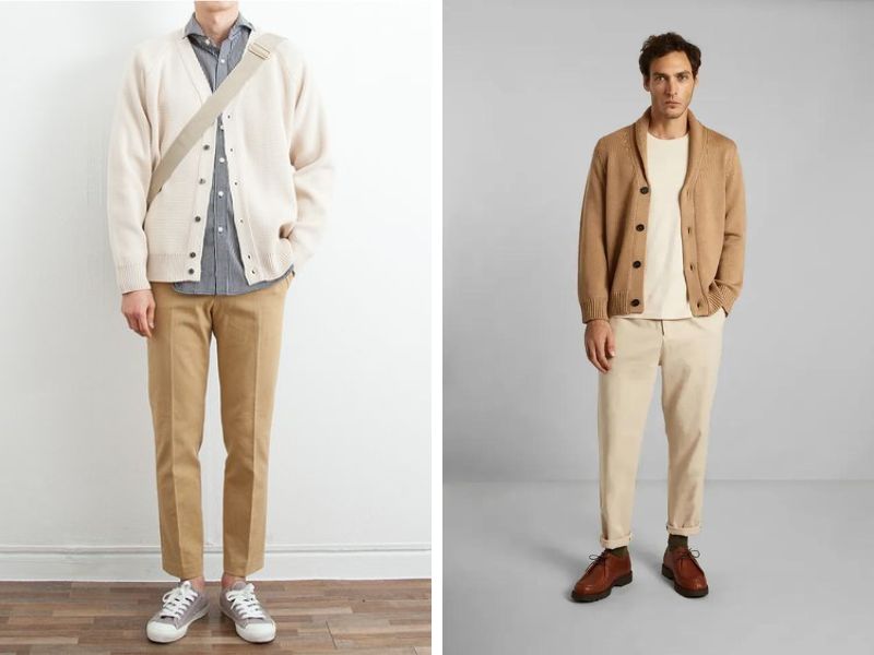 Áo thun kết hợp với quần baggy kaki và áo cardigan