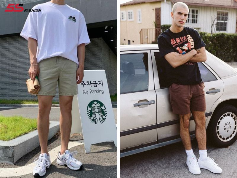 Phối áo thun nam với quần short và giày sneaker