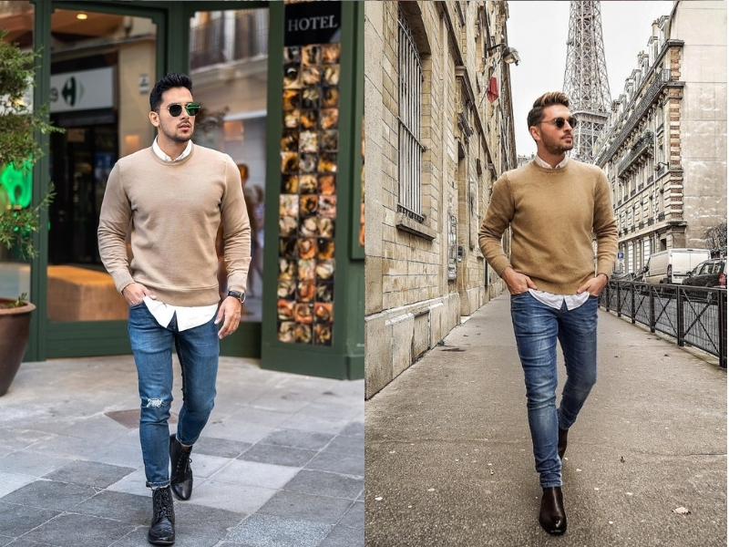 Phối hợp áo Sweater cùng sơ mi trắng quần Jean nam