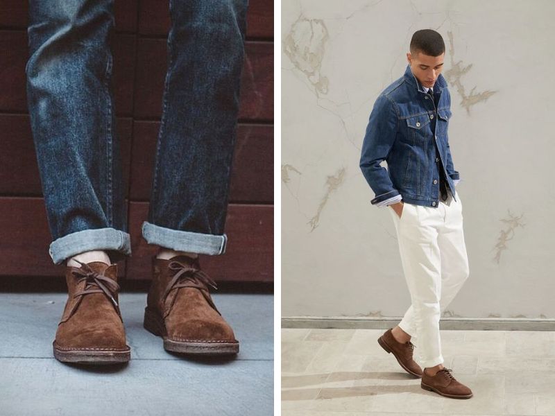 Quần jean ống rộng kết hợp với giày Desert boots