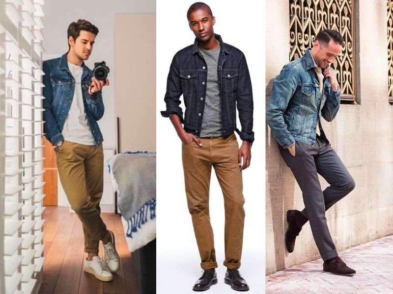 Kết hợp quần Kaki cùng áo thun và áo Jacket Jeans khoác ngoài mang lại vẻ ngoài phong cách nhưng không kém phần chỉn chu cho người mặc 