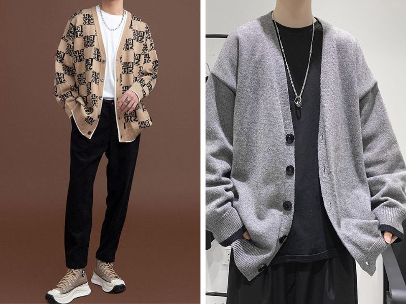 Quần kaki dài phối áo thun và áo cardigan