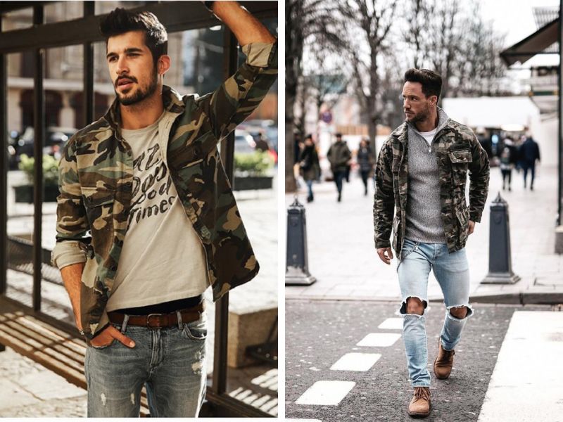 áo camouflage phối quần jeans cá tính
