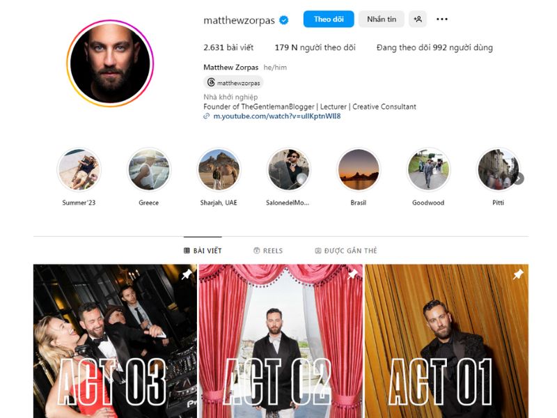 Trang instagram phối đồ đẹp nam của Matthew Zorpas