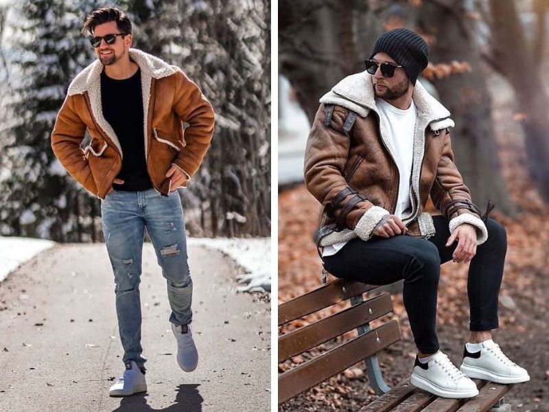 Shearling jacket phối áo thun và quần jeans skinny