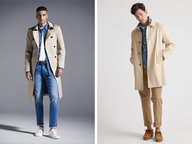 Phối đồ với áo sơ mi jean nam cùng áo trench coat