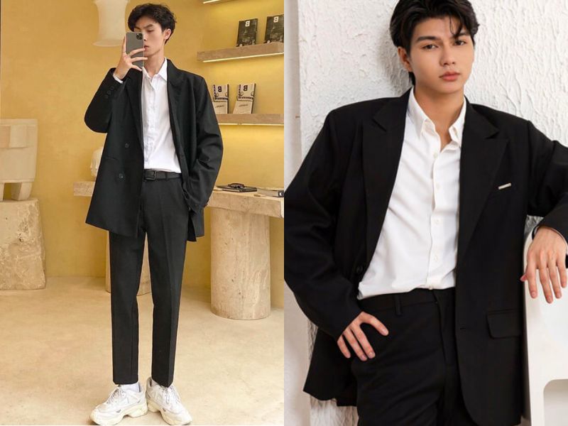 Kết hợp áo sơ mi trắng basic cùng blazer thanh lịch, các chàng có thể diện trong những bữa tiệc sang trọng