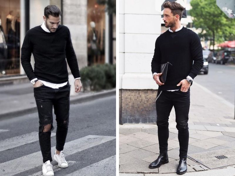 Phối đồ với quần jean đen nam cùng áo sweater cá tính 