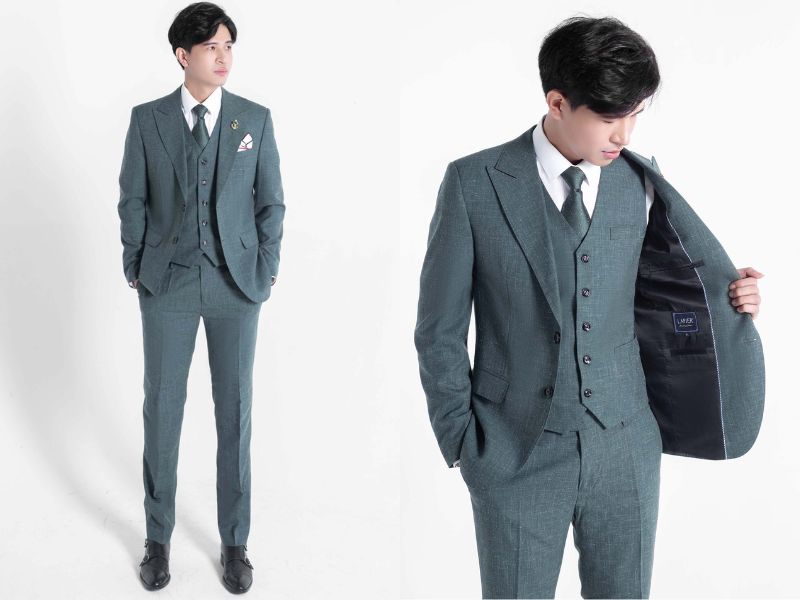 Bộ suit nam tông xanh xám phối ghi lê