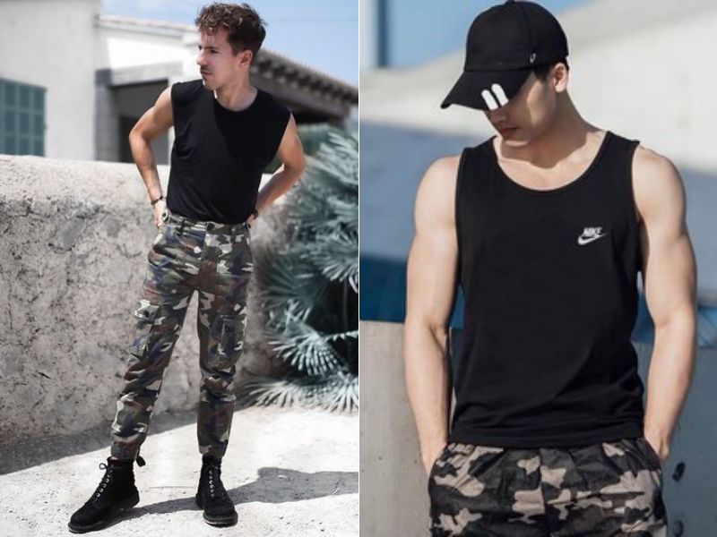 Phối quần jogger rằn ri nam với áo tank top